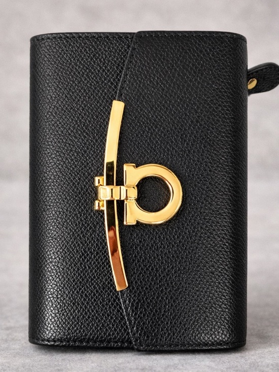 Salvatore Ferragamo Handbags - Salvatore Ferragamo Black Leather Wallet with Gold Gancini Hardware